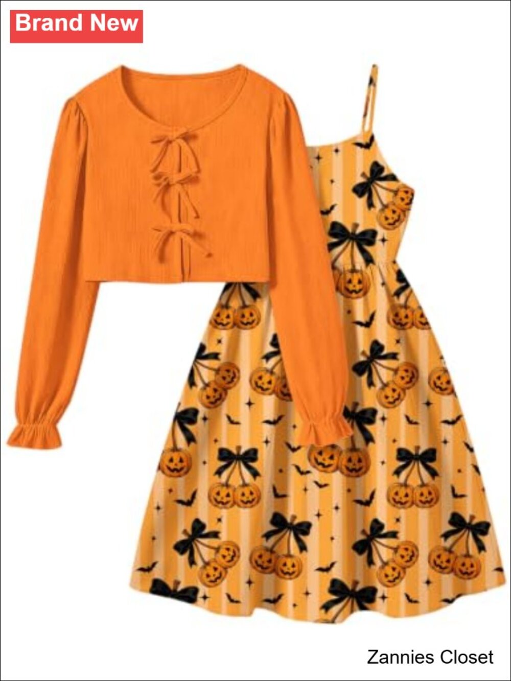 👻 Girls 2 Piece Dress & Cardigan Set Poet Sleeve A-Line Knee-Length